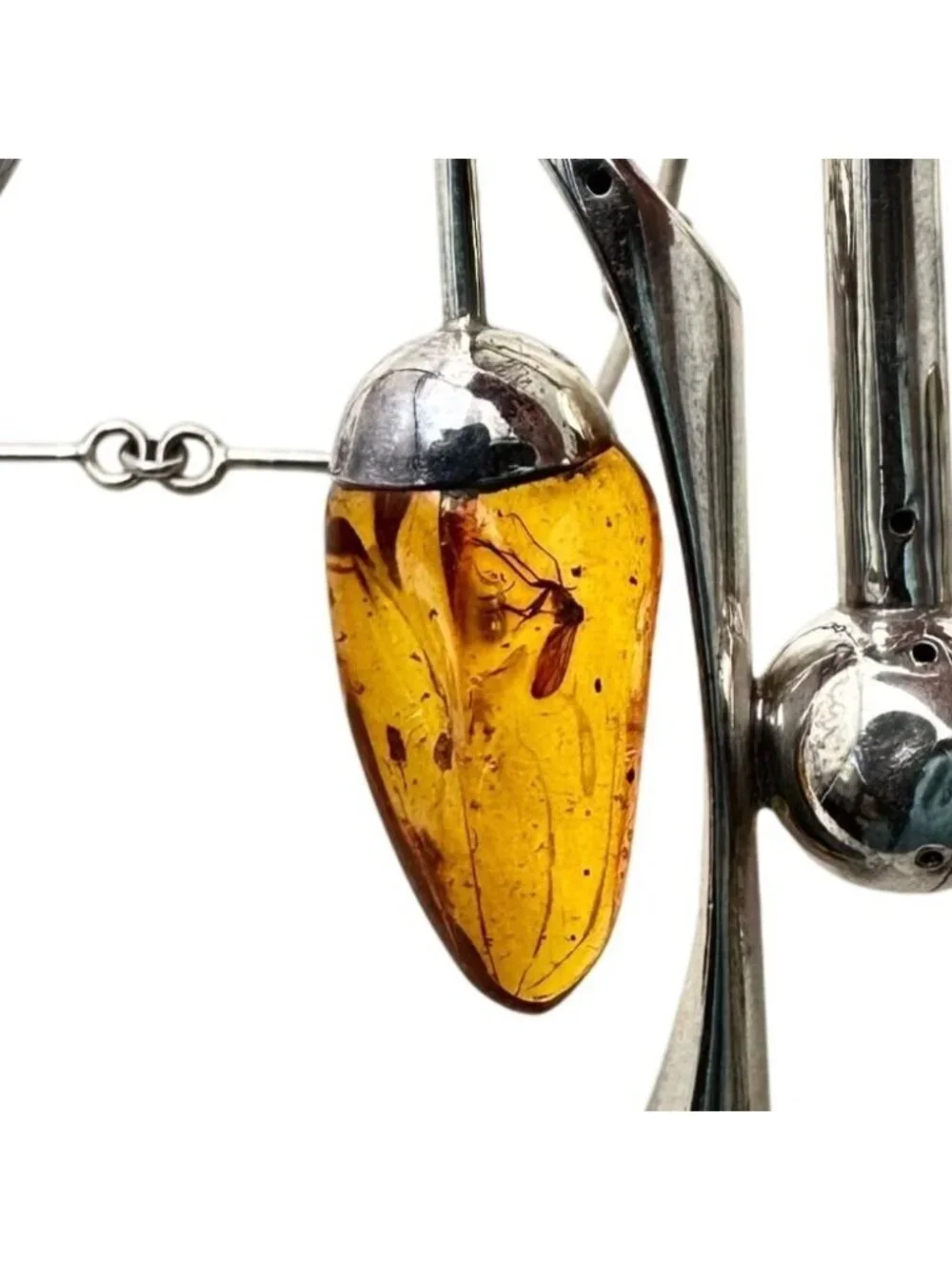Unusual Rare Vintage Modernist Sterling Silver Amber Necklace 2 Bugs In Amber
